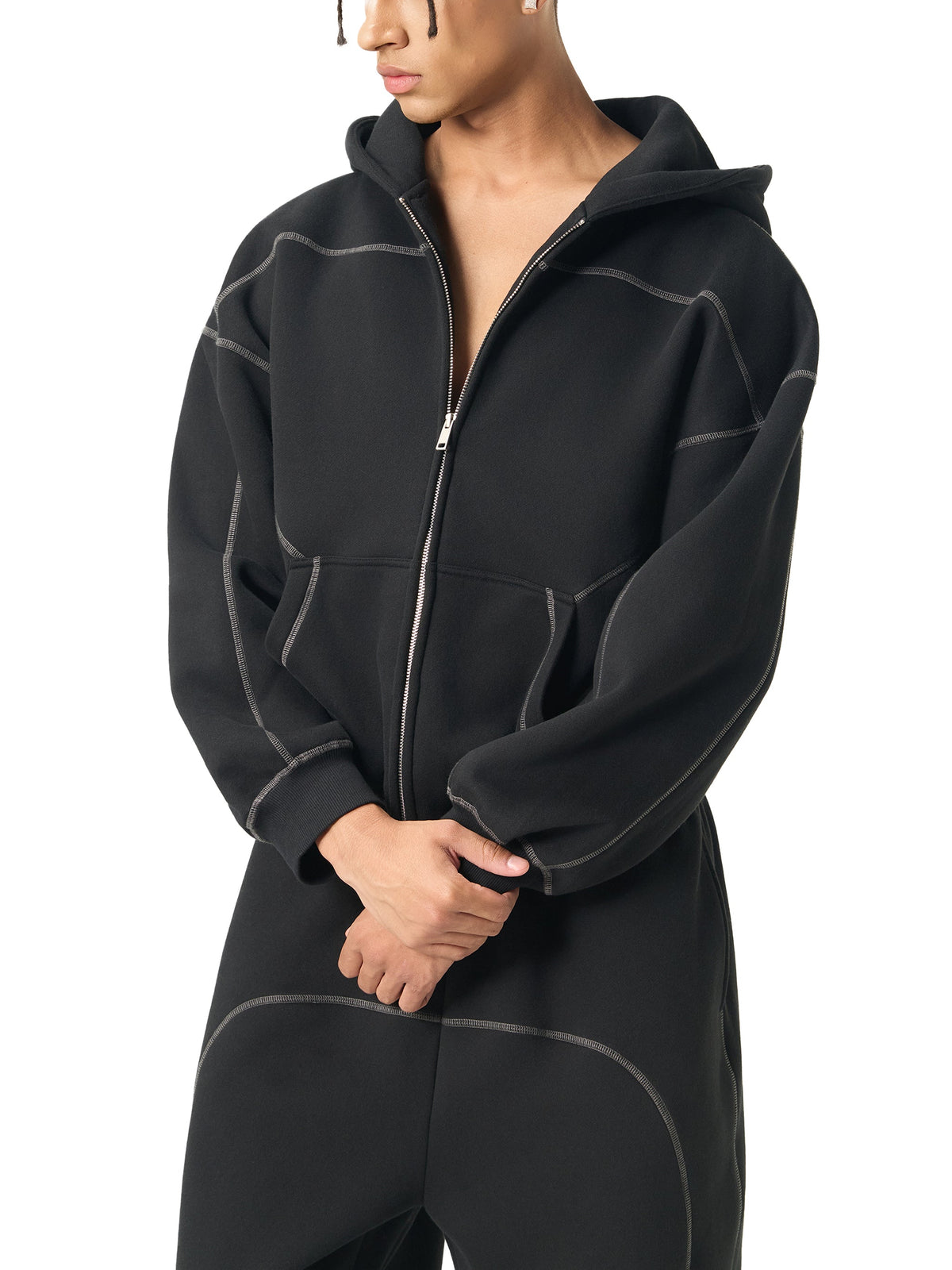 Balanced: Contrast-Stitched Boxy Fleece Zip Hoodie