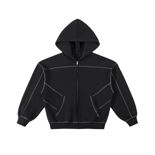 Balanced: Contrast-Stitched Boxy Fleece Zip Hoodie