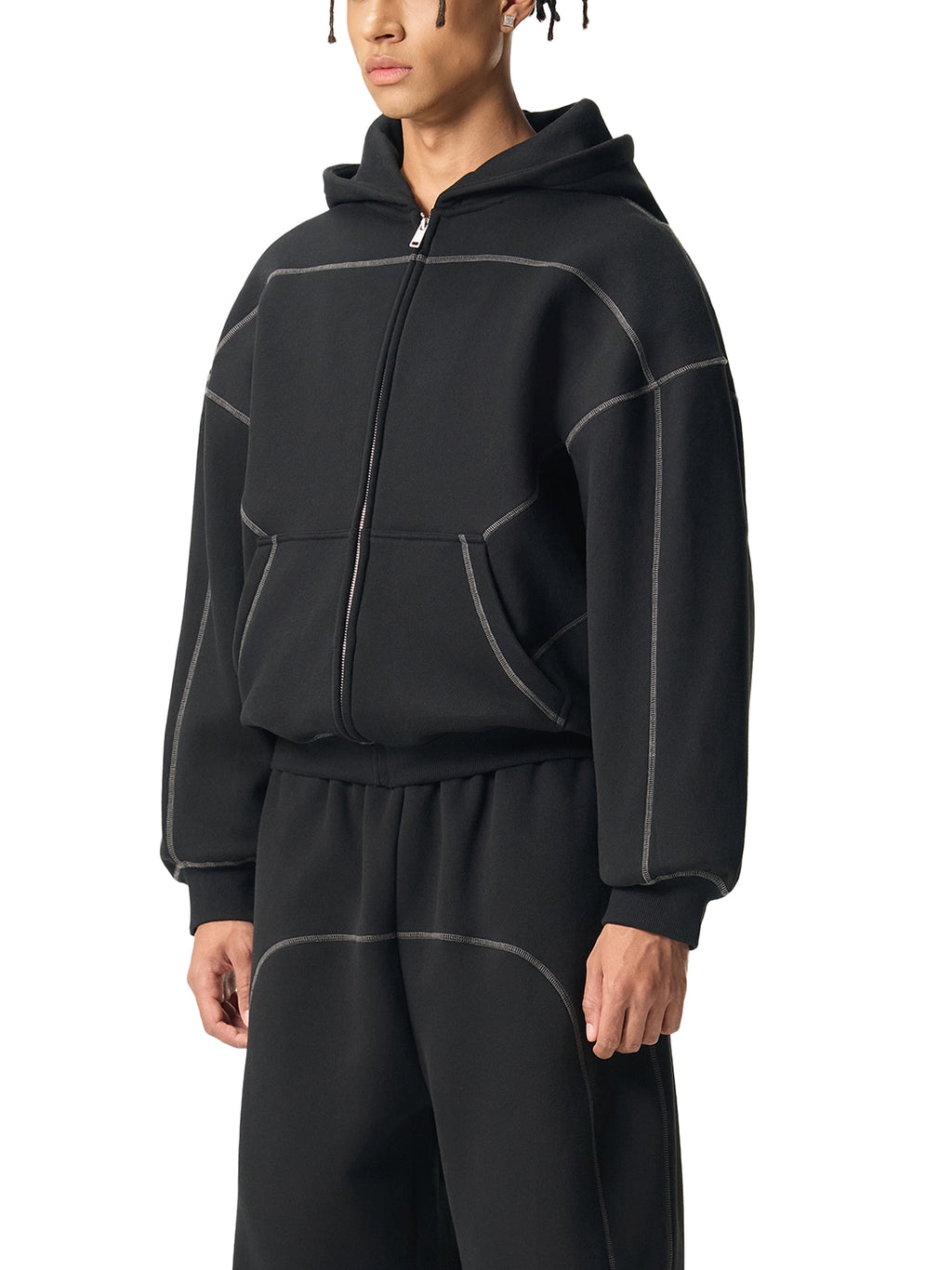 Balanced: Contrast-Stitched Boxy Fleece Zip Hoodie