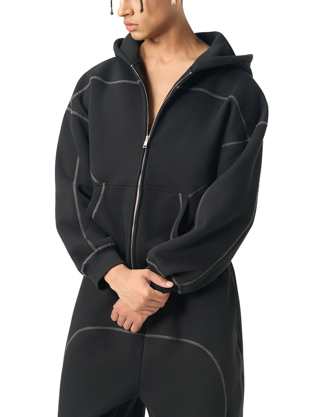 Balanced: Contrast-Stitched Boxy Fleece Zip Hoodie